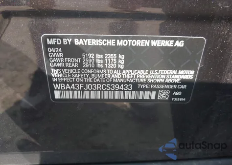 2024 BMW 530 I from USA, damaged, VIN WBA43FJ03RCS39433